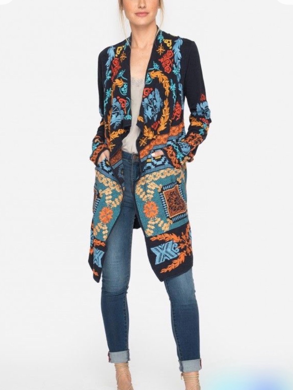 Johny Was Biya Coat Navy Boho Embroidered Open Cardigan
